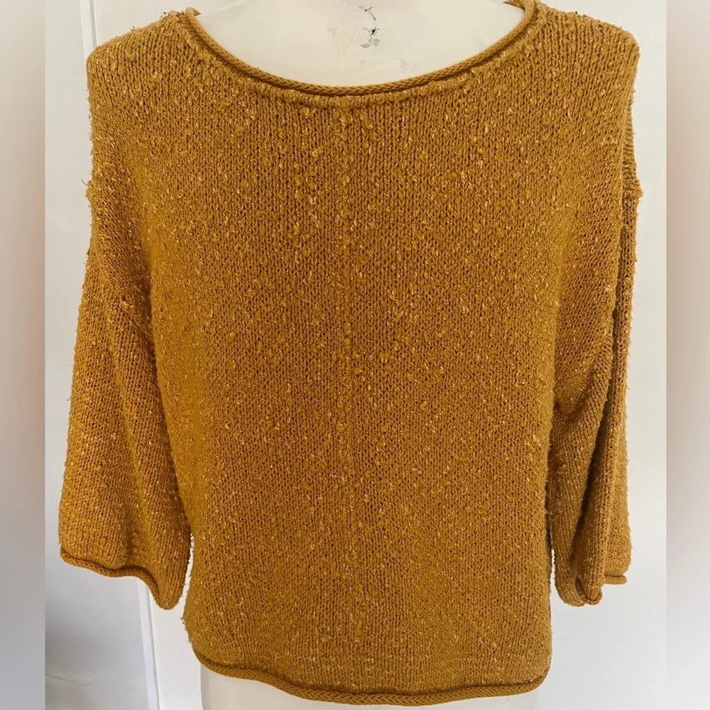 Free People Cropped Knit Sweater Mustard Top Round Neck 3/4 wide sleeve